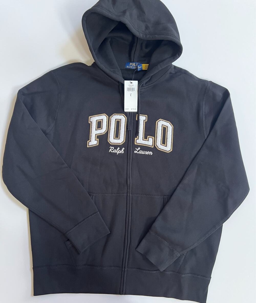 Polo Ralph Lauren Hoodie Black Fleece Logo Full Zip Men's Size L New